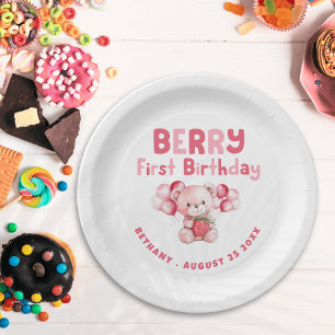 Berry First Birthday Teddy Bear Strawberry Pink Pappteller