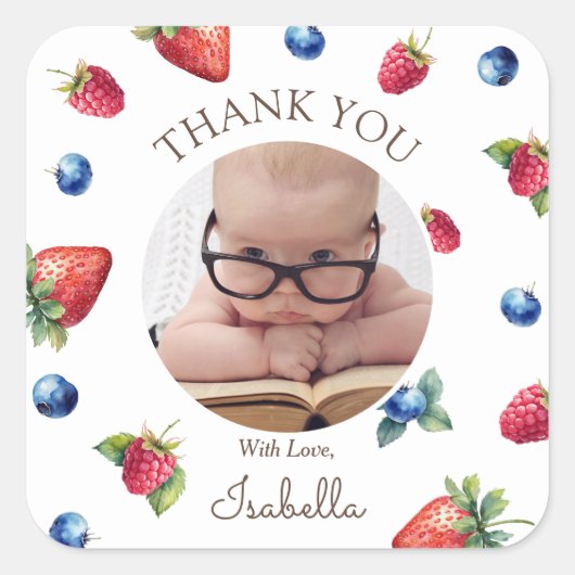 Berry First Birthday Vielen Dank Foto Quadratischer Aufkleber (Vorderseite)