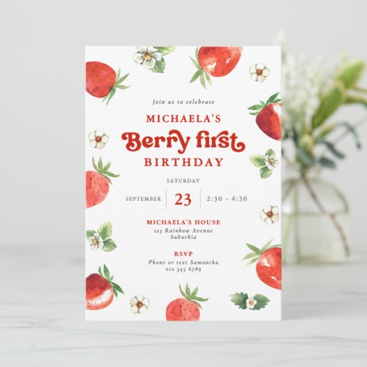 Berry First Birthday Watercolor Strawberries Einladung (Stehend Vorderseite)