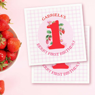 Berry First Birthday Watercolor Strawberries Serviette