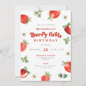 Berry First Birthday Watercolor Strawberry Gingham Einladung (Vorderseite)