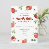 Berry First Birthday Watercolor Strawberry Gingham Einladung (Stehend Vorderseite)