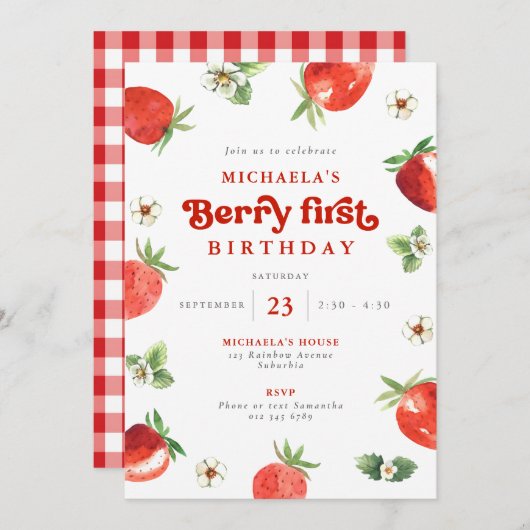 Berry First Birthday Watercolor Strawberry Gingham Einladung (Vorne/Hinten)