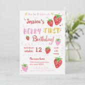 Berry First Birthday Watercolor Strawberry Party Einladung (Stehend Vorderseite)