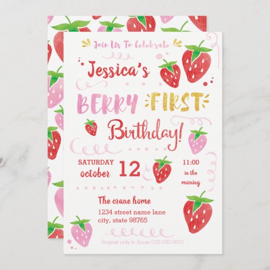 Berry First Birthday Watercolor Strawberry Party Einladung (Vorne/Hinten)