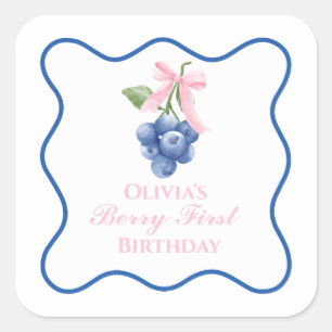 Berry First Blaubeer Geburtstag Pinke Schleife Coq Quadratischer Aufkleber