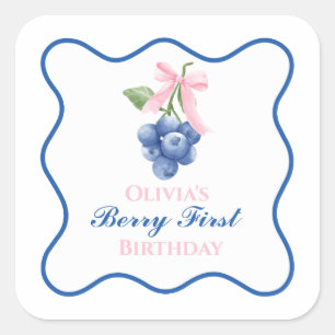 Berry First Blaubeer Geburtstag Pinke Schleife Coq Quadratischer Aufkleber