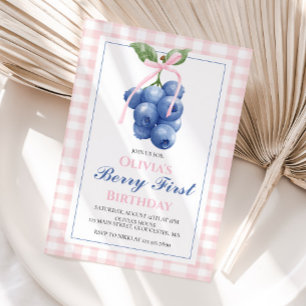 Berry First Blaubeere Pink Bow Coquette Geburtstag Einladung