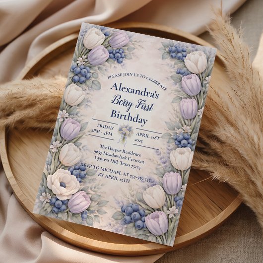 Berry First Blue Floral Garden 1st Birthday Einladung