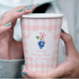 Berry First Blueberry Geburtstag Pink Bow Gingham Pappbecher