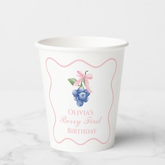 Berry First Blueberry Geburtstag Pink Bow Gingham Pappbecher (Vorderseite)