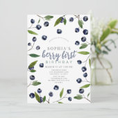 Berry First Blueberry Greenery 1. Geburtstag Einladung (Stehend Vorderseite)