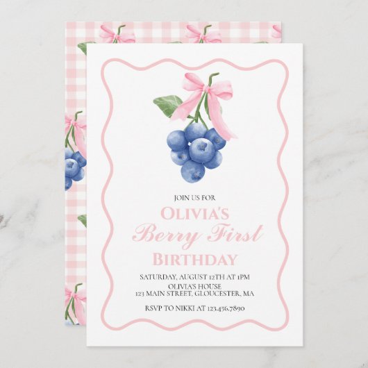 Berry First Blueberry Pink Bow Coquette Geburtstag Einladung (Vorne/Hinten)