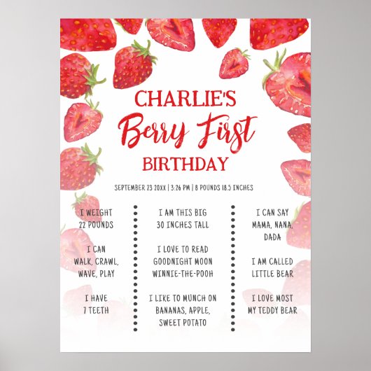 Berry First Boho Strawberry Birthday Milestone Poster (Vorne)