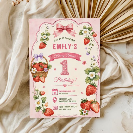 Berry First Cute 1. Geburtstag Erdbeermädchen Einladung