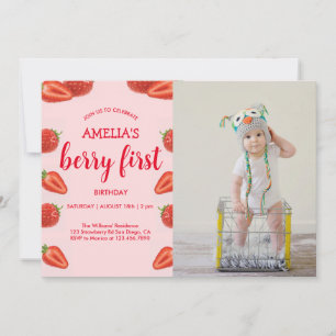 Berry First Erdbeere 1. Geburtstag, rosa Foto Einladung