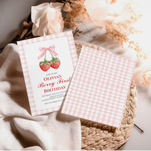 Berry First Erdbeere Pink Schleife 1. Geburtstag Einladung