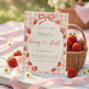 Berry First Erdbeere Rosa Gingham 1. Geburtstag Einladung