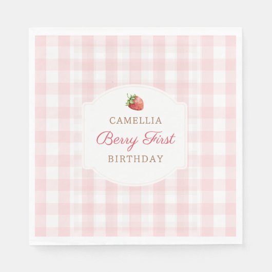 Berry First Erdbeere Rosa Gingham Geburtstagsfeier Serviette (Vorderseite)