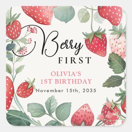 Berry First Floral 1. Geburtstag Quadratischer Aufkleber (Vorderseite)