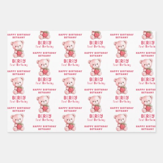 Berry First Happy Birthday Name Strawberry Geschenkpapier Set (Vorderseite 3)