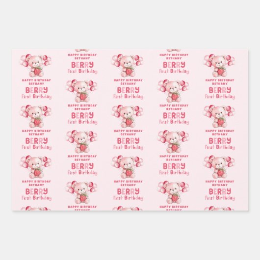 Berry First Happy Birthday Name Strawberry Geschenkpapier Set (Vorderseite)