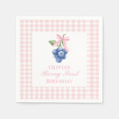 Berry First Heidelbeere Geburtstag Pink Bow Gingha Serviette (Vorderseite)
