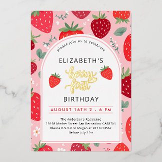 Berry First Niedlich 1. Geburtstag Strawberry Foto Folieneinladung