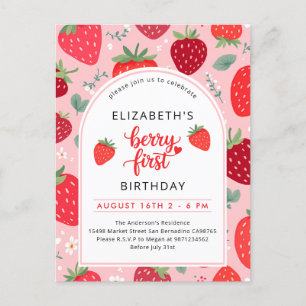 Berry First Niedlich 1. Geburtstag Strawberry Girl Einladungspostkarte