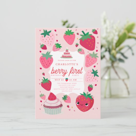Berry First Niedlich Strawberry Frame Red 1. Gebur Einladung (Stehend Vorderseite)