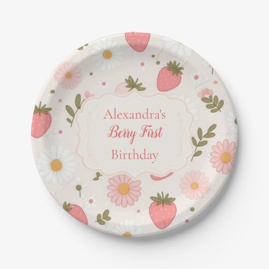 Berry First | Niedliche Erdbeere Mädchen 1. Geburt Pappteller (Vorderseite)