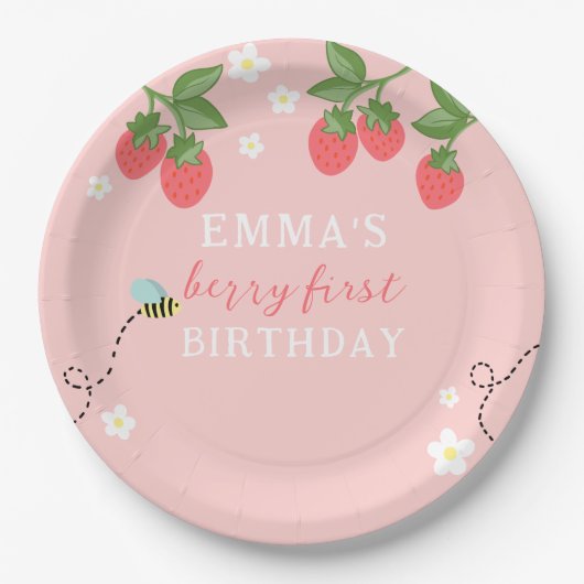 Berry First Pink Erdbeere und Blumen Pappteller (Vorderseite)