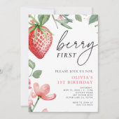 Berry First Pink Floral 1. Geburtstag Einladung (Vorderseite)