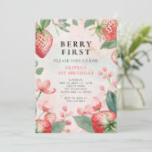 Berry First Pink Floral 1. Geburtstag Einladung (Stehend Vorderseite)