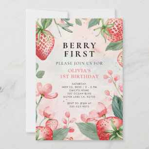 Berry First Pink Floral 1. Geburtstag Einladung