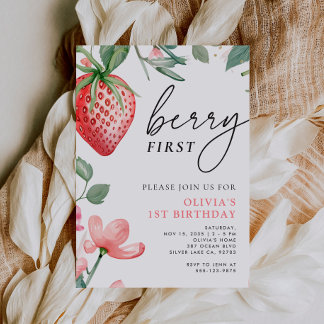 Berry First Pink Floral 1. Geburtstag Einladung