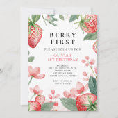 Berry First Pink Floral 1. Geburtstag Einladung (Vorderseite)