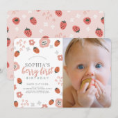 Berry First Pink Strawberry 1. Geburtstag Foto Einladung (Vorne/Hinten)