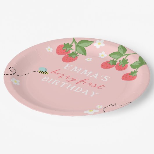 Berry First Pink Strawberry and Flowers Pappteller (Schrägansicht)