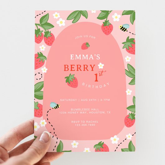 Berry First Pink Strawberry Bees Birthday Party Einladung