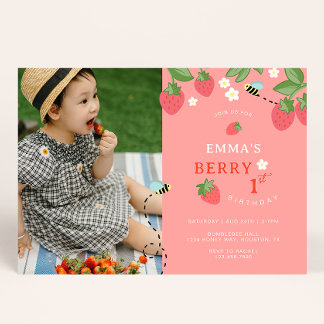Berry First Pink Strawberry Bees Birthday Party Einladung