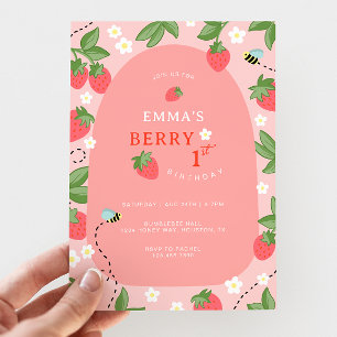 Berry First Pink Strawberry Bees Geburtstagsfeier Einladung