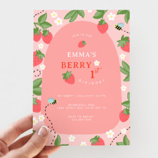 Berry First Pink Strawberry Bees Geburtstagsfeier Einladung