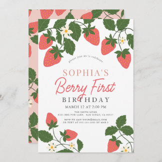 Berry First Pink Strawberry Floral 1. Geburtstag Einladung