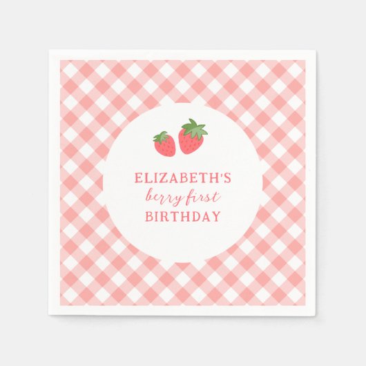 Berry First Pink Strawberry Gingham Birthday Serviette (Vorderseite)