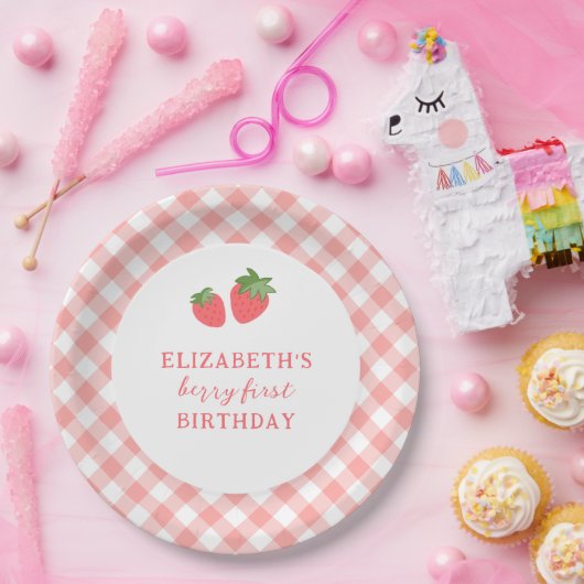 Berry First Pink Strawberry Gingham Pappteller (Party)
