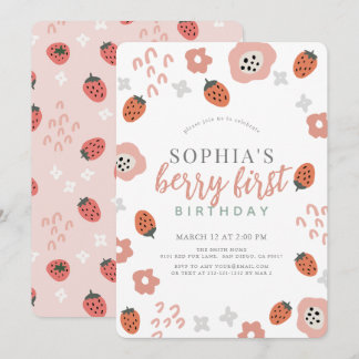 Berry First Pink Strawberry Girl 1. Geburtstag Einladung