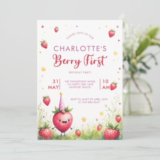Berry First Pink Strawberry Patch 1st Birthday Einladung (Stehend Vorderseite)