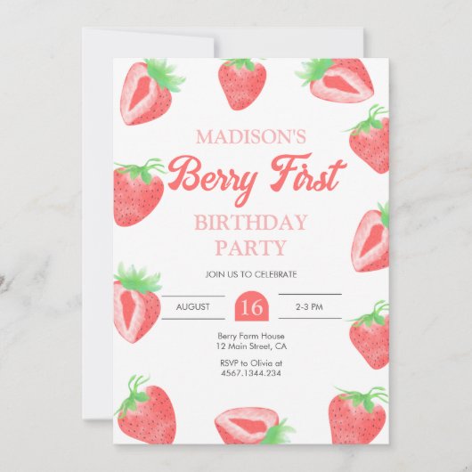 Berry First Strawberry 1. Geburtstag Einladung (Vorderseite)
