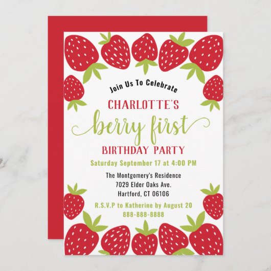 Berry First Strawberry 1. Geburtstag Party Custom Einladung (Vorne/Hinten)